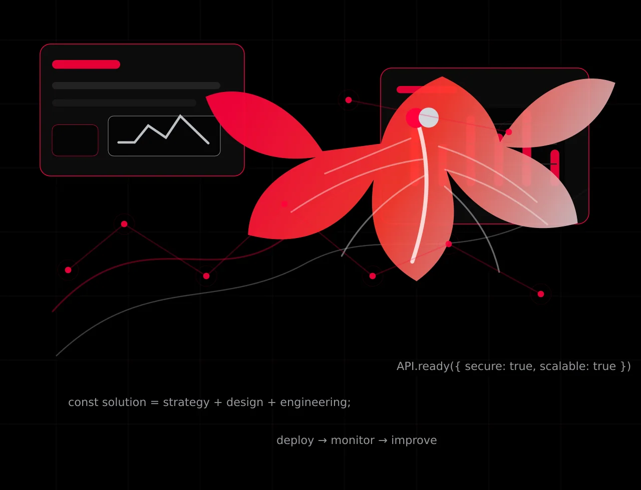 Abstract dragonfly with software dashboard, code blocks, and digital network lines for Dragonfly Soft