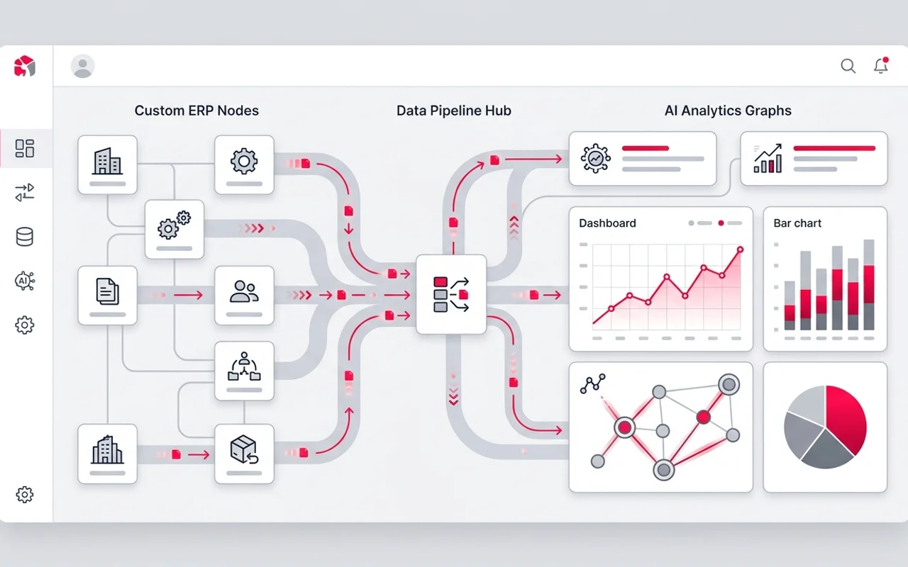 "دمج نظام ERP المخصص وتحليلات الذكاء الاصطناعي: دليل تقني لبناء مسارات بيانات آمنة تعتمد على الأحداث"
